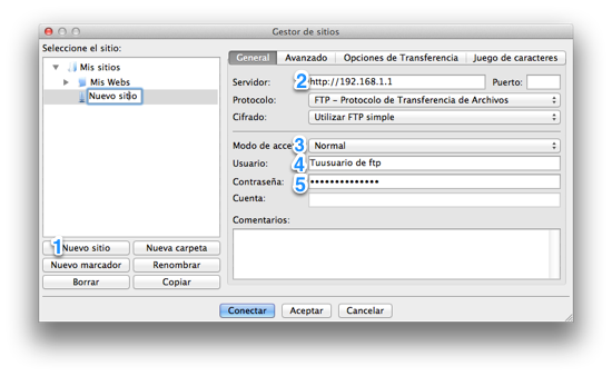 Configurar un nuevo sitio filezilla